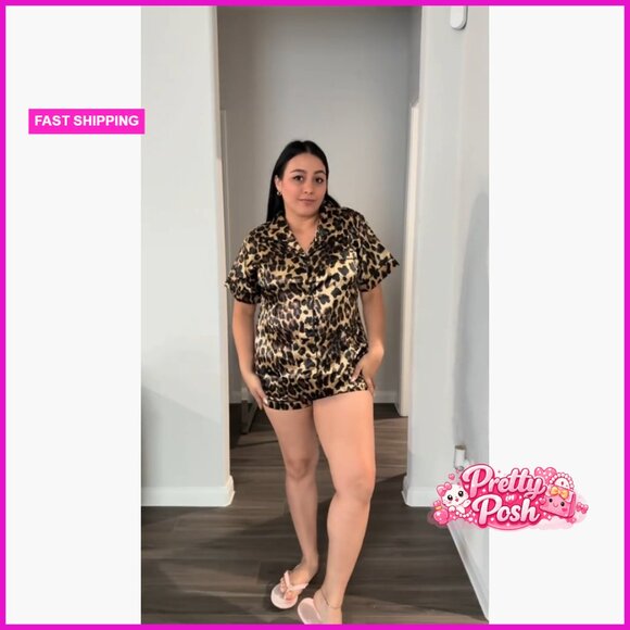 3 Piece Leopard Print Pajama Set Button Down Short Sleeve with Shorts and Pants - Picture 7 of 7